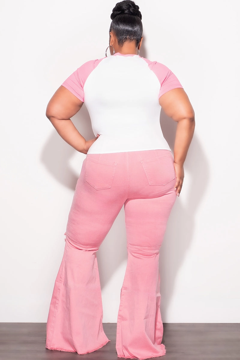 Final Sale Plus Size Wide Leg Denim Jeans with Distressed Knee in Pink Cozy Layer