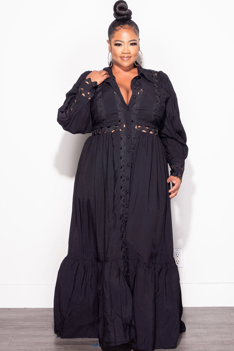 Classic Comfort Final Sale Plus Size Eyelet Maxi  Dress in Black