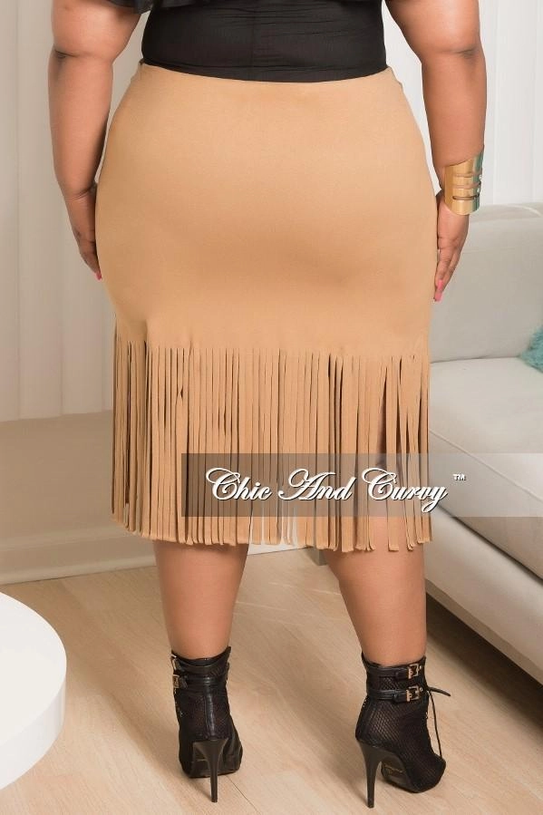 Final Sale Plus Size Faux Suede Fringe Skirt in Tan Non Restrictive No Bunching