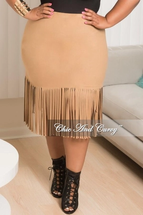 Final Sale Plus Size Faux Suede Fringe Skirt in Tan Low-rise style