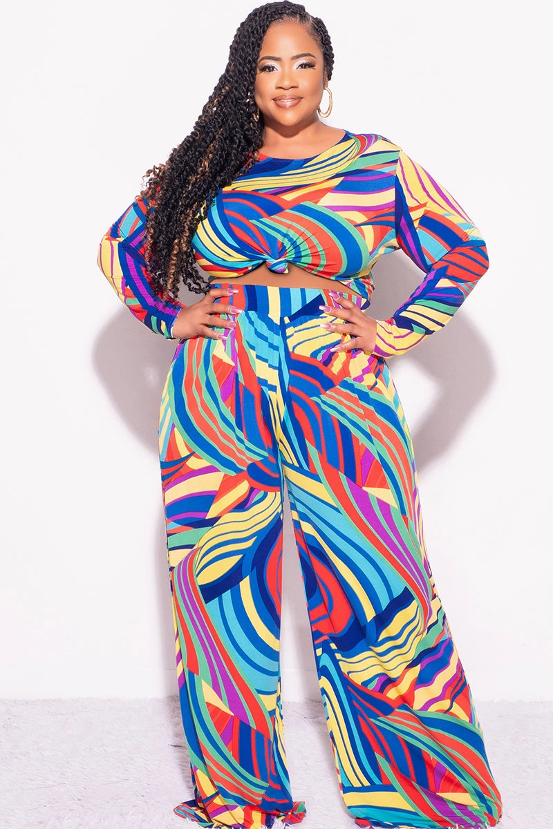 Final Sale Plus Size 2pc Crop Top and Palazzo Pants Set in Multi Color Print Supportive Waistband