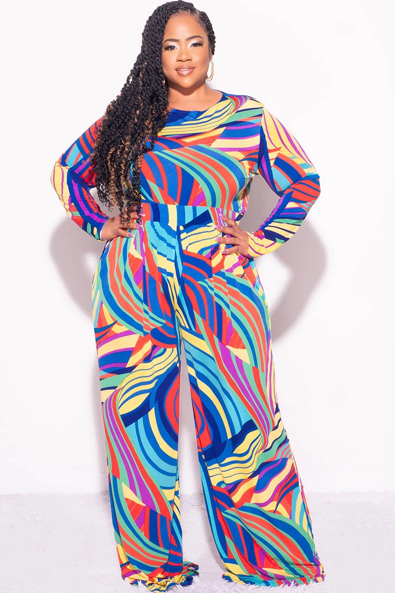 Final Sale Plus Size 2pc Crop Top and Palazzo Pants Set in Multi Color Print Casual Fit Design MachineWashableFabric