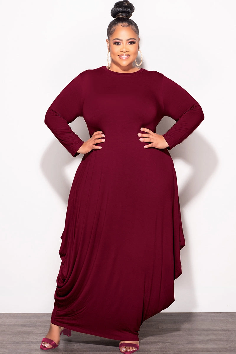 Final Sale Plus Size Long Sleeve Casual Loose Pocket Dress in Burgundy Smart Look Slimline Fit