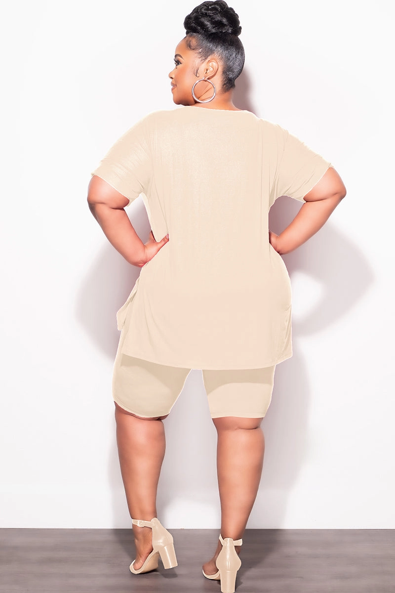 Final Sale Plus Size 2pc V-Neck Tunic Top and Matching Shorts Set in Beige Body Contour
