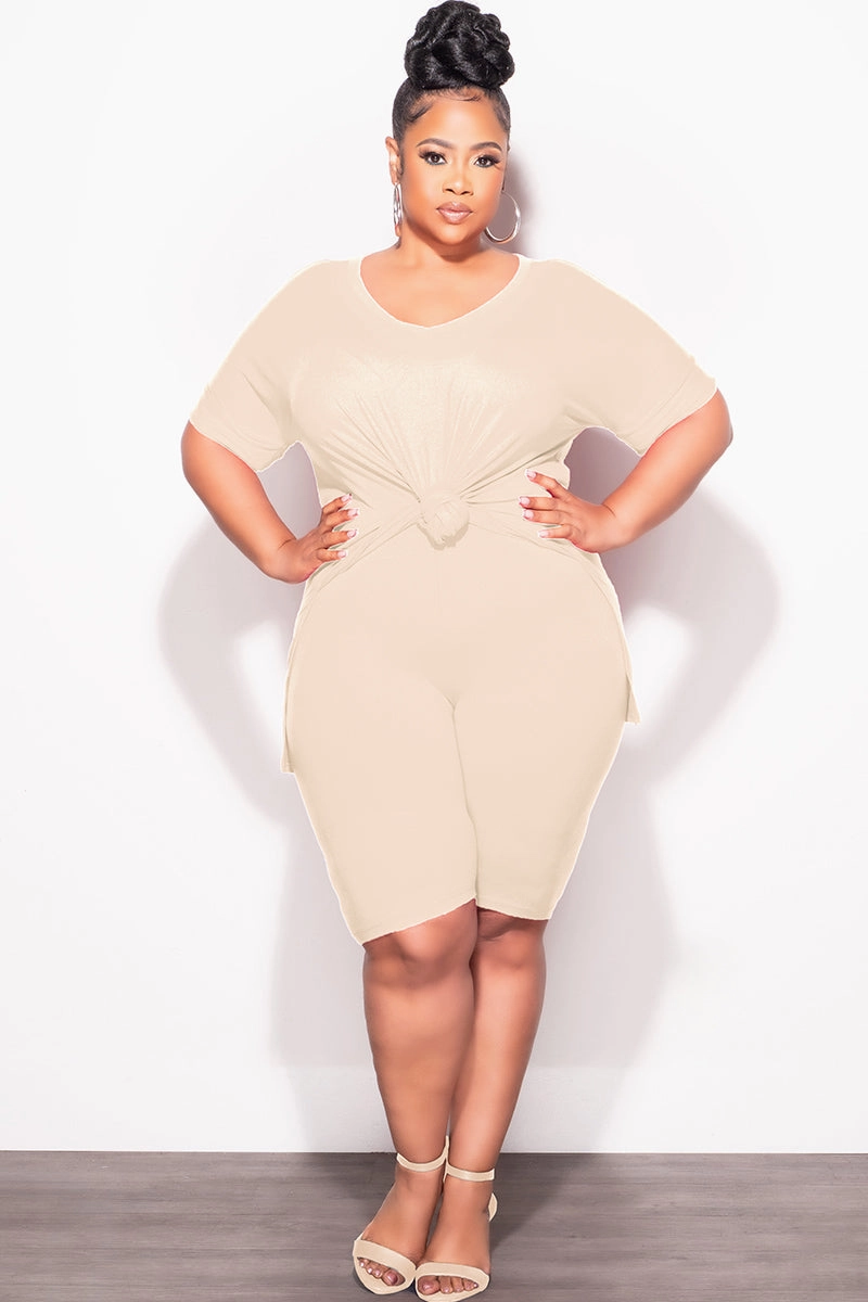 Full Comfort Timeless Wear Final Sale Plus Size 2pc V-Neck Tunic Top and Matching Shorts Set in Beige