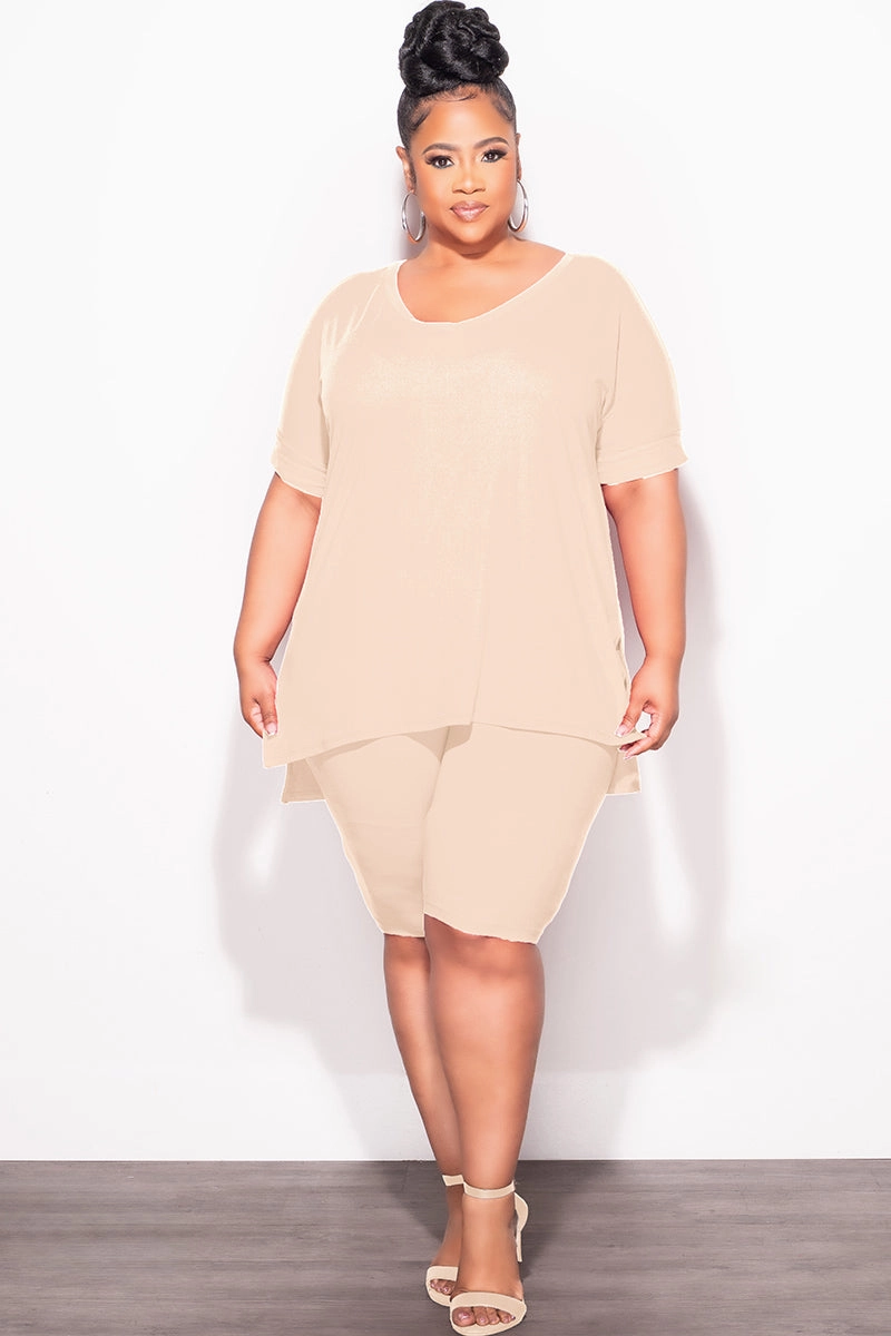 Body Sculpting Final Sale Plus Size 2pc V-Neck Tunic Top and Matching Shorts Set in Beige