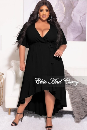 Final Sale Plus Size Faux Wrap High-Low Dress with Waist Tie in Black Comfy Material