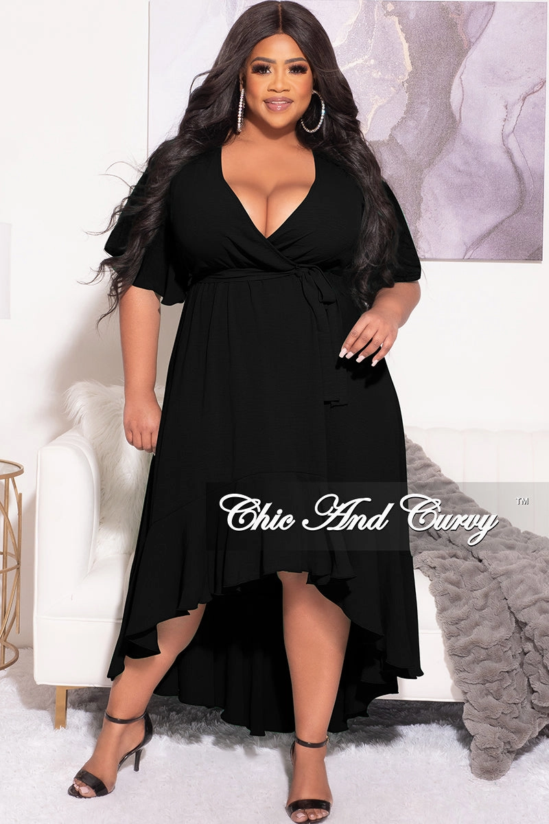 Final Sale Plus Size Faux Wrap High-Low Dress with Waist Tie in Black Comfy Material