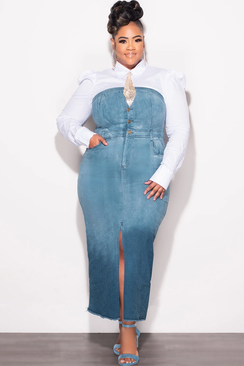 Corduroy texture Final Sale Plus Size Color Block Strapless Button Up Dress with Front Slit in Light Denim and Dark Denim