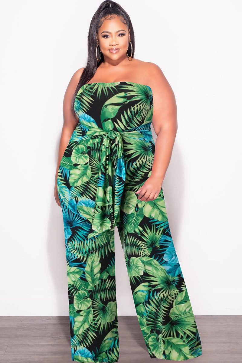 Timeless Comfort Wear Final Sale Plus Size Strapless Jumpsuit with Waist Tie in Green & Turquoise Palm Print