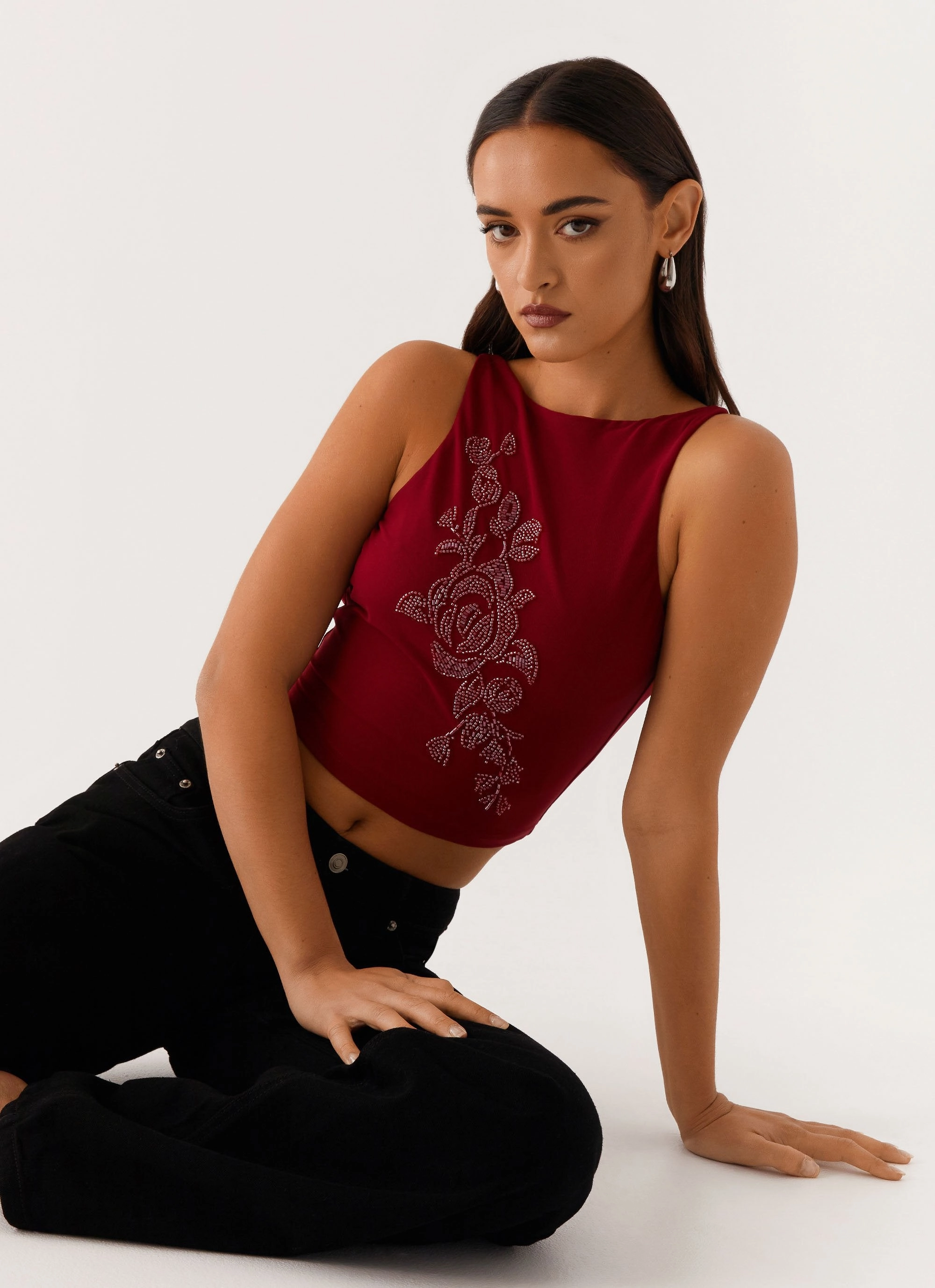 Brae Beaded Mesh Top - Deep Red Odor Resistant Treatment RibbedHemline