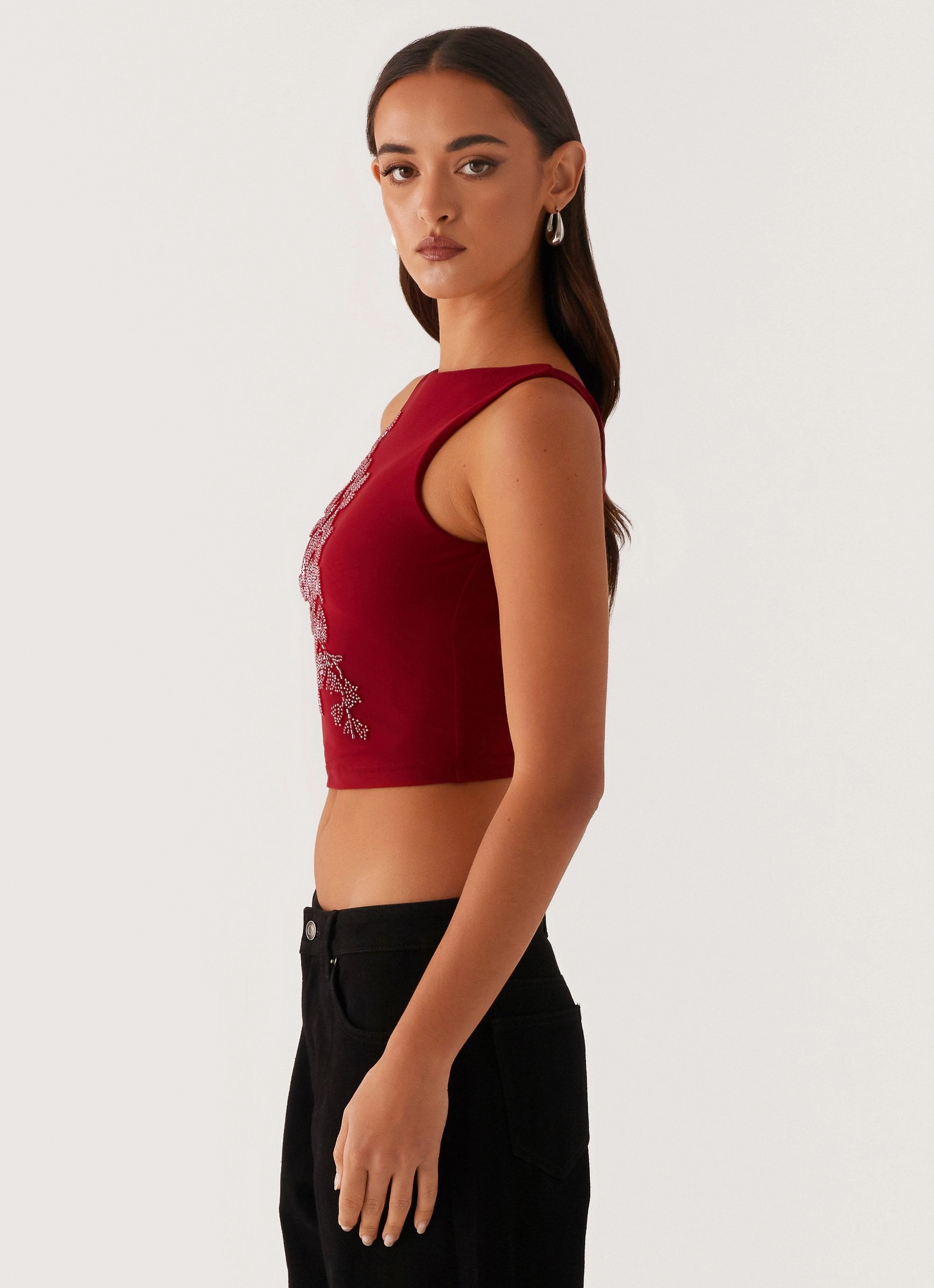 Stretch Fit Top Brae Beaded Mesh Top - Deep Red