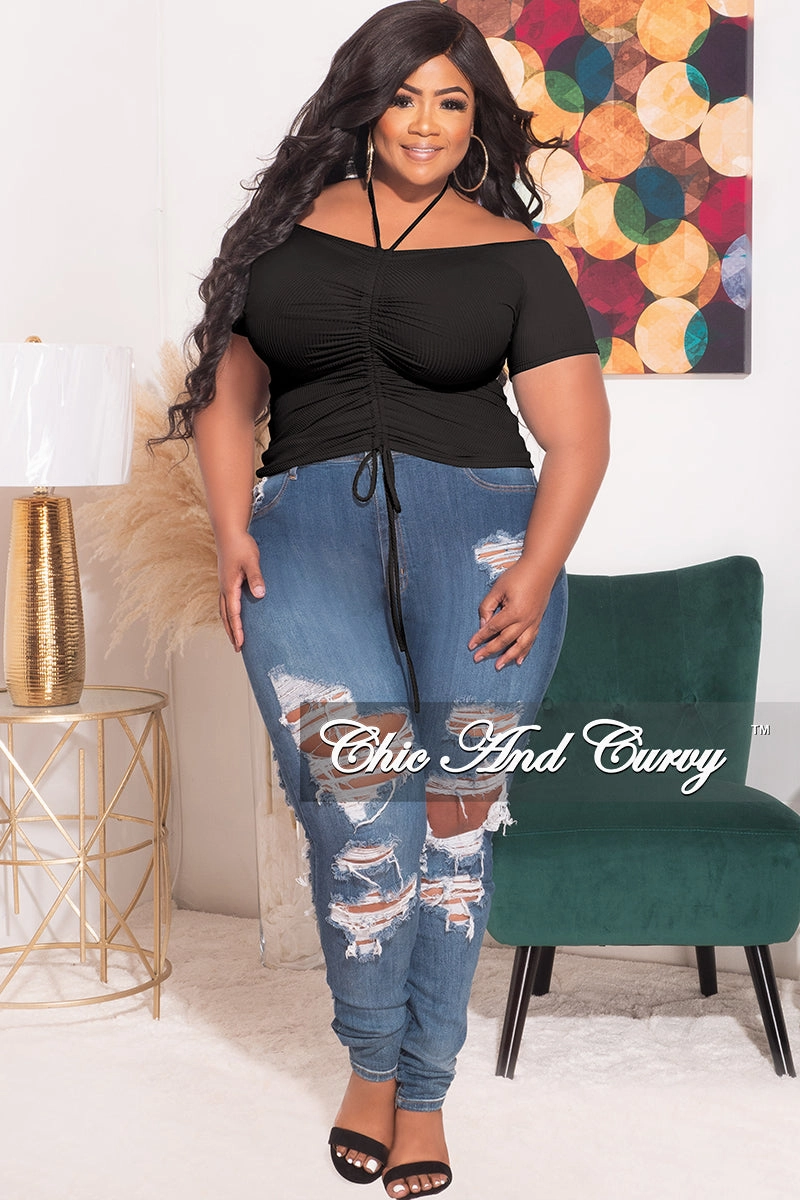 Active Comfort Fit Laser Cut Perforations Final Sale Plus Size Ribbed Ruched Drawstring Crop Top in Black