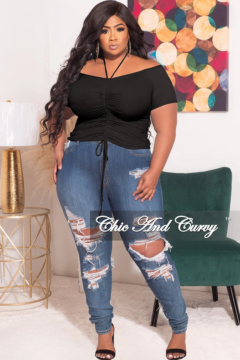 Final Sale Plus Size Ribbed Ruched Drawstring Crop Top in Black Layer Friendly