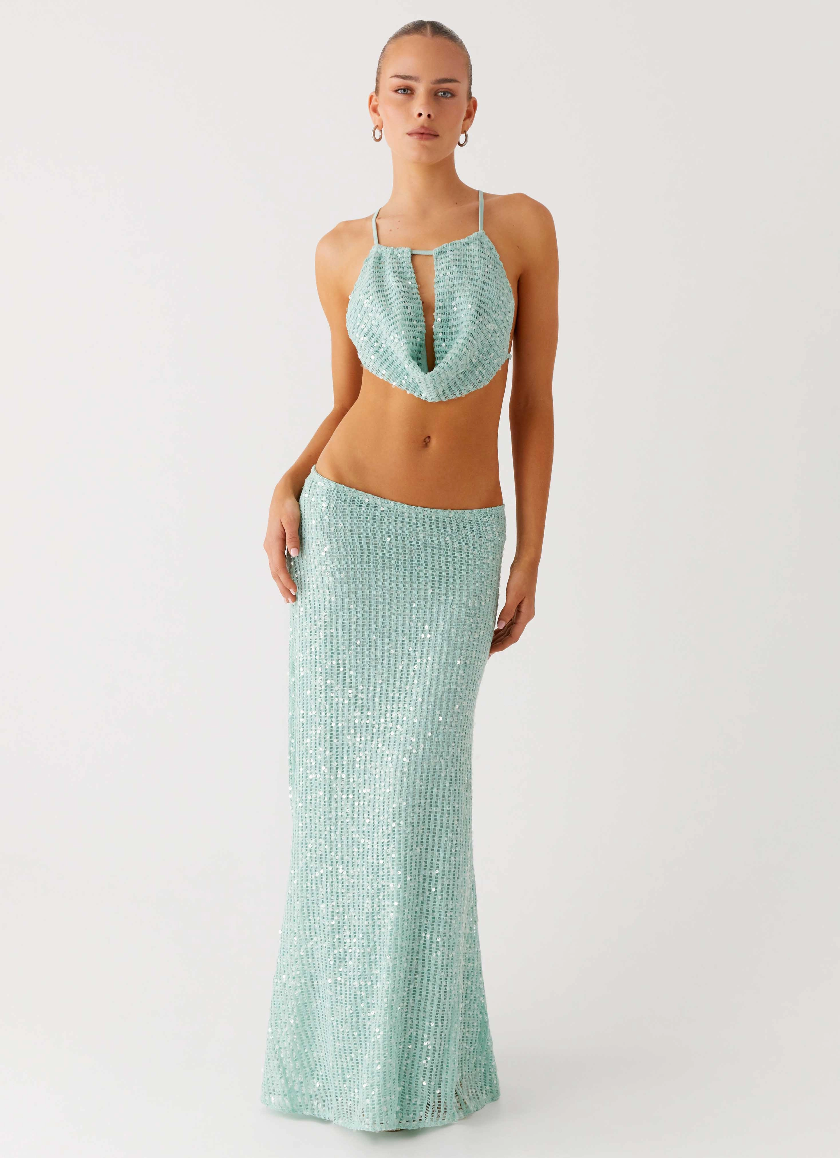 Flexible Fabric Amoura Sequin Low Rise Maxi Skirt - Mint Sage