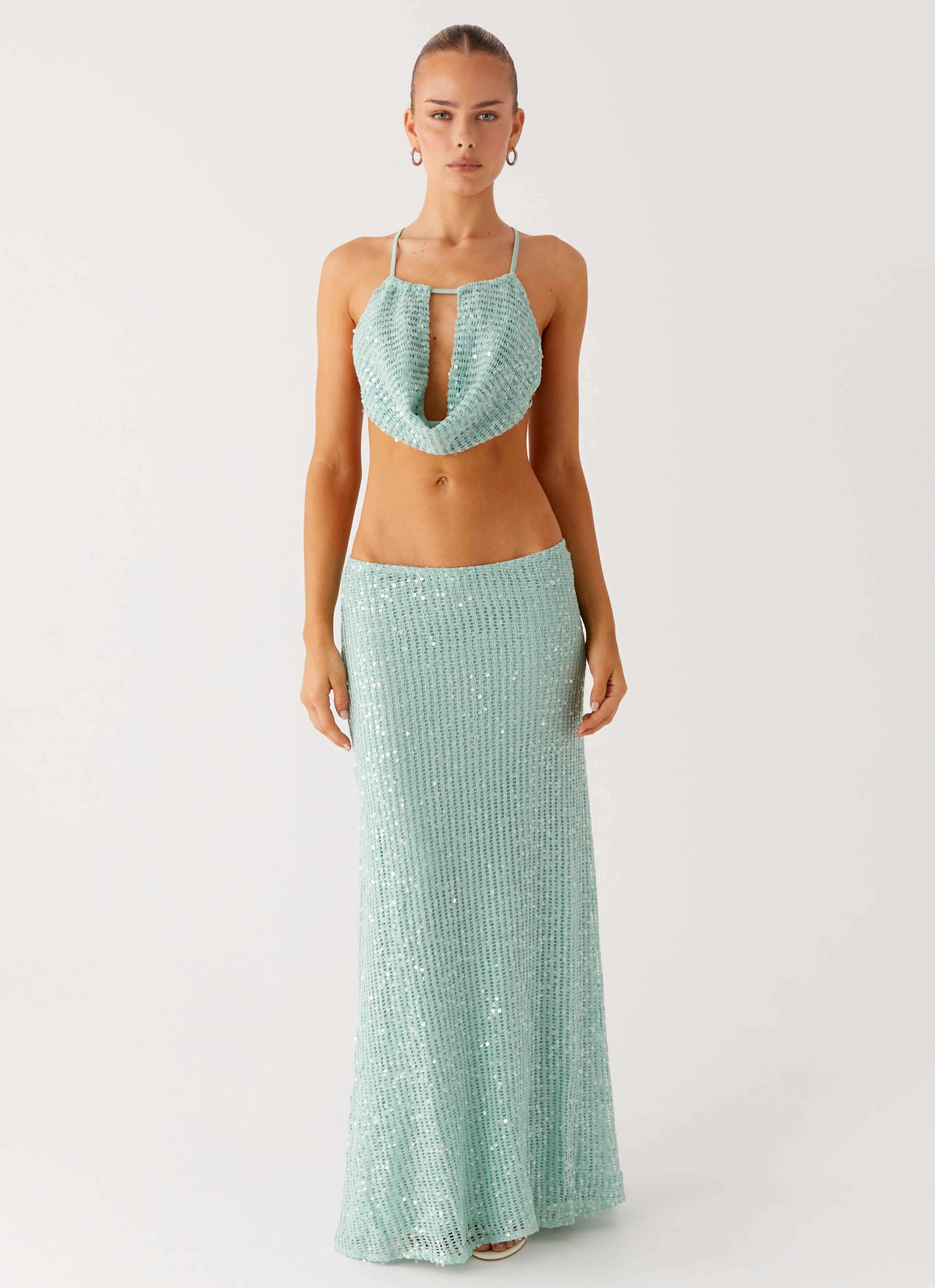 Practical Fit Amoura Sequin Low Rise Maxi Skirt - Mint Sage