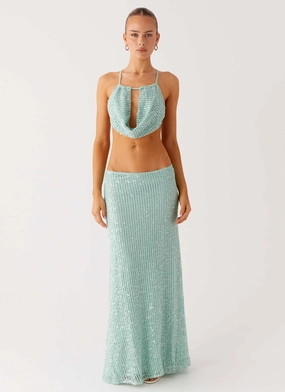 Practical Fit Amoura Sequin Low Rise Maxi Skirt - Mint Sage