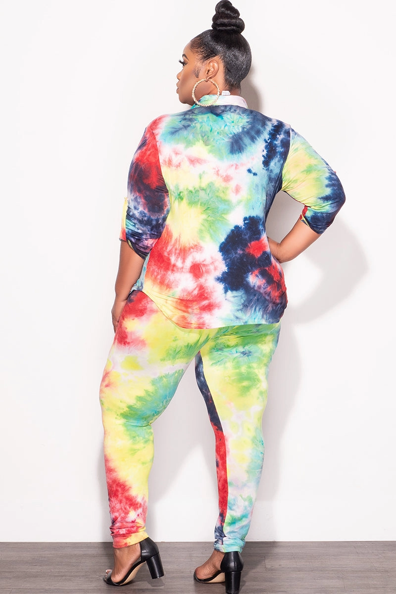 Final Sale Plus Size 2-Piece Button Up Collar Top and Pants Set in Multi Color Tie Dye Print Modular Attachment Bonded Seam Technology