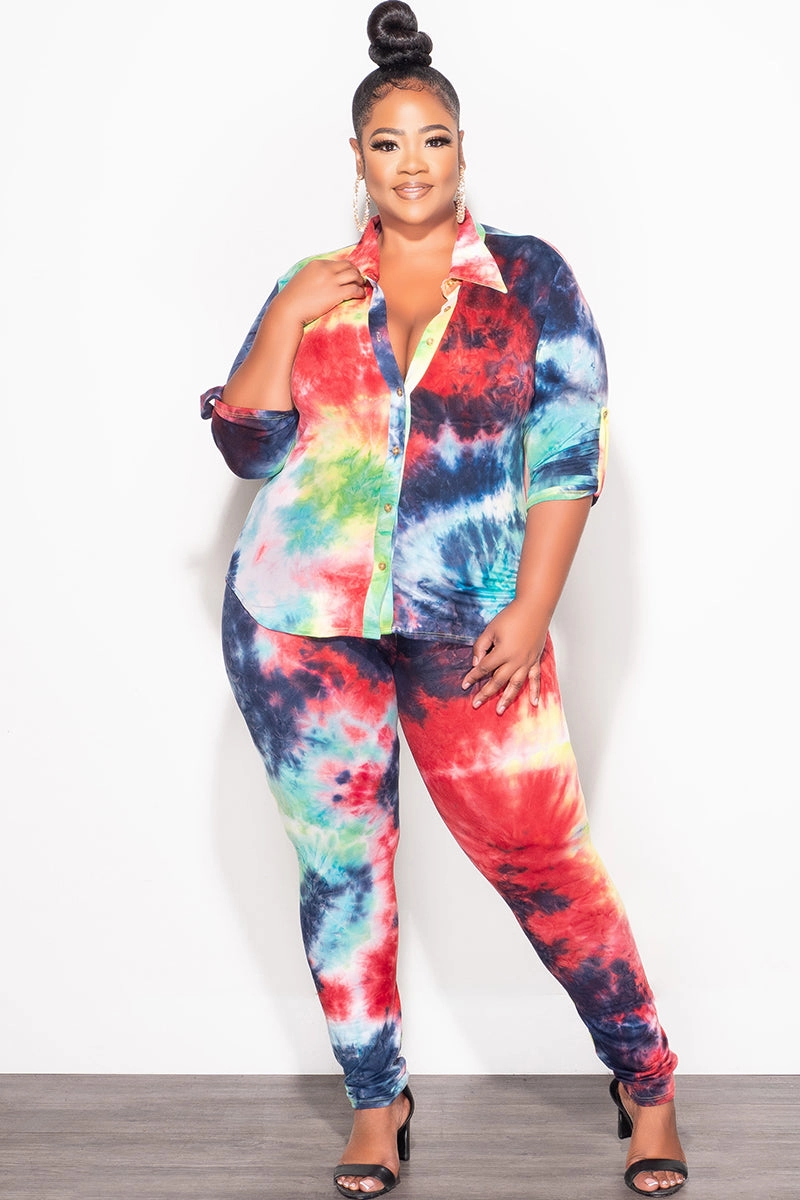 Final Sale Plus Size 2-Piece Button Up Collar Top and Pants Set in Multi Color Tie Dye Print Tapered leg Quick Fit