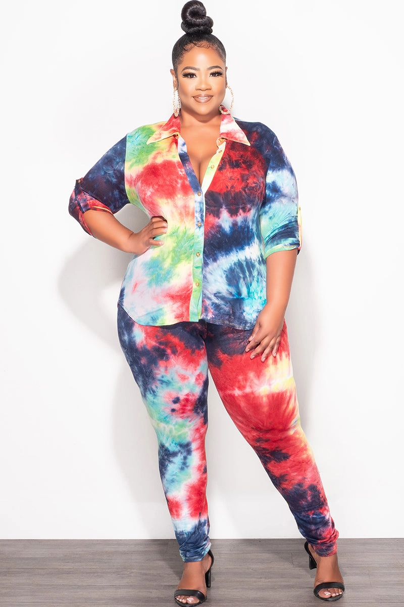 Workout Ready SlimFit Final Sale Plus Size 2-Piece Button Up Collar Top and Pants Set in Multi Color Tie Dye Print