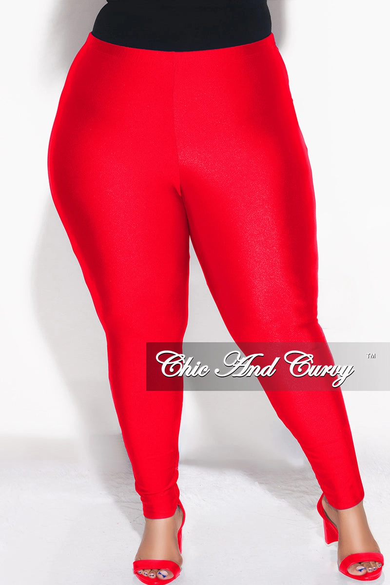 Final Sale Plus Size High Waisted Shiny Leggings in Red Non Tapered Leg Comfort Control