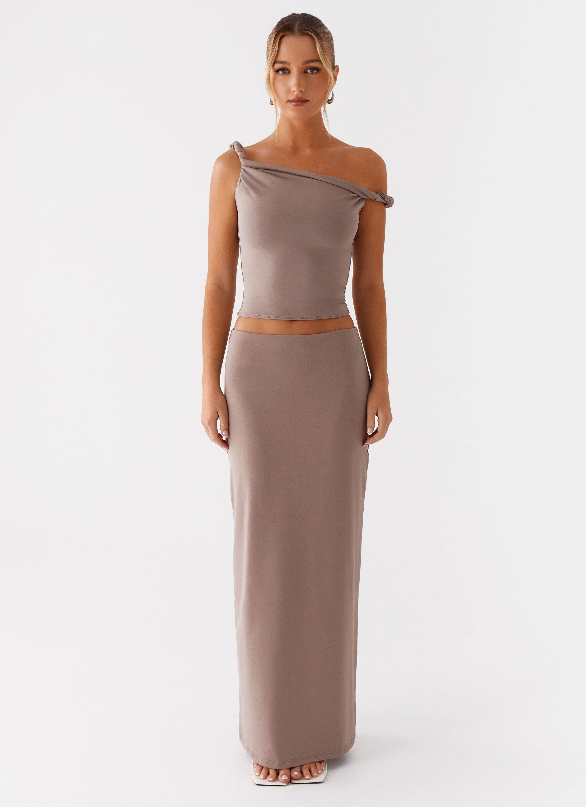 Solace Soul Twist Shoulder Top - Taupe Sport Top AntiPill Surface