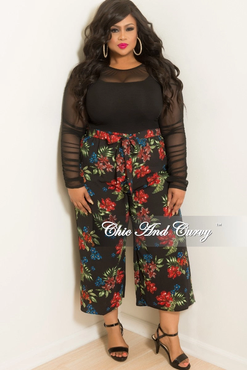 Final Sale Plus Size Loose Fitted Pants with Attached Tie in Black Floral Print Anti Static Finish