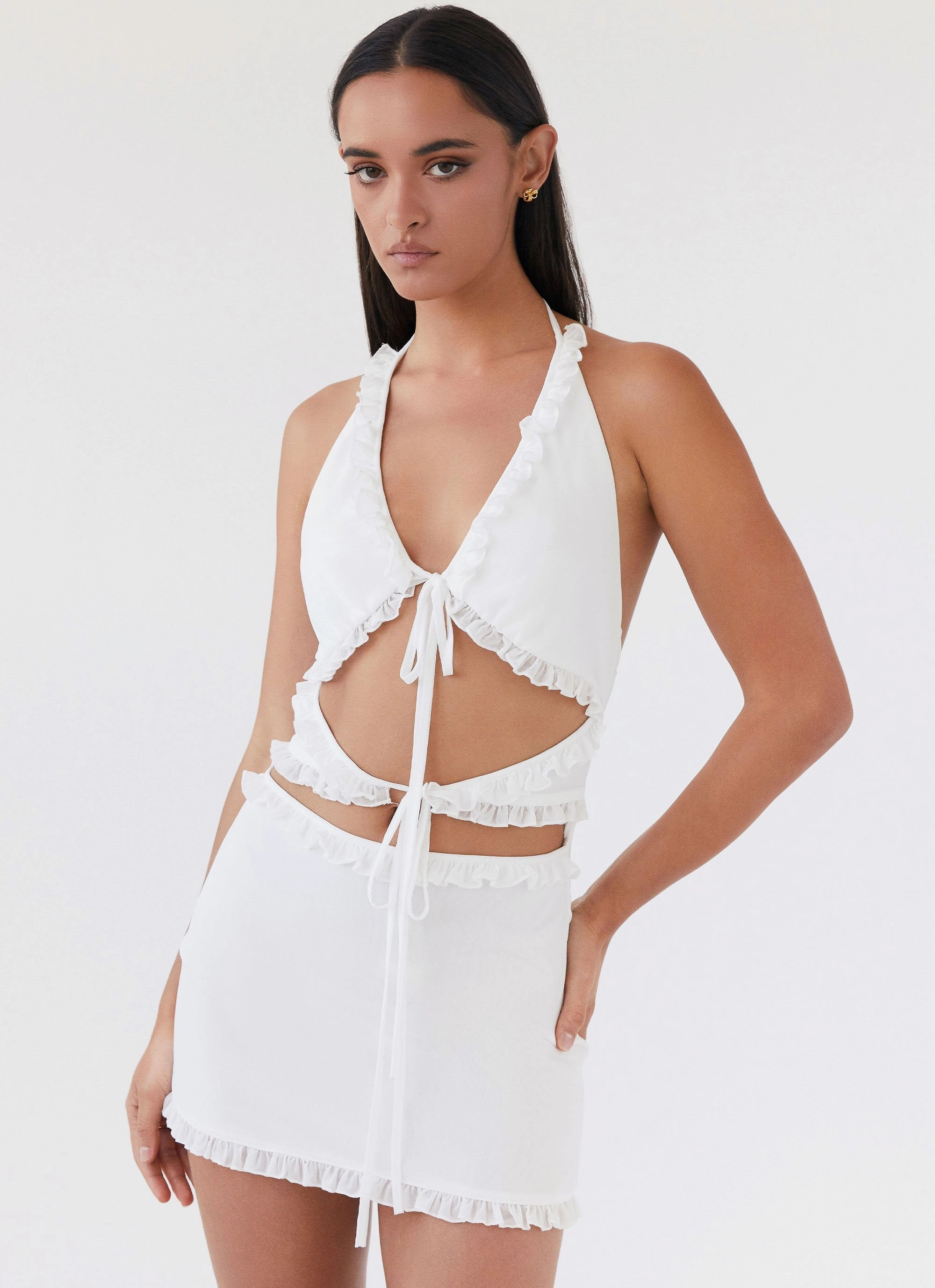 Airy Weave Feminine off-the-shoulder gown Love Exchange Ruffle Mini Dress - White