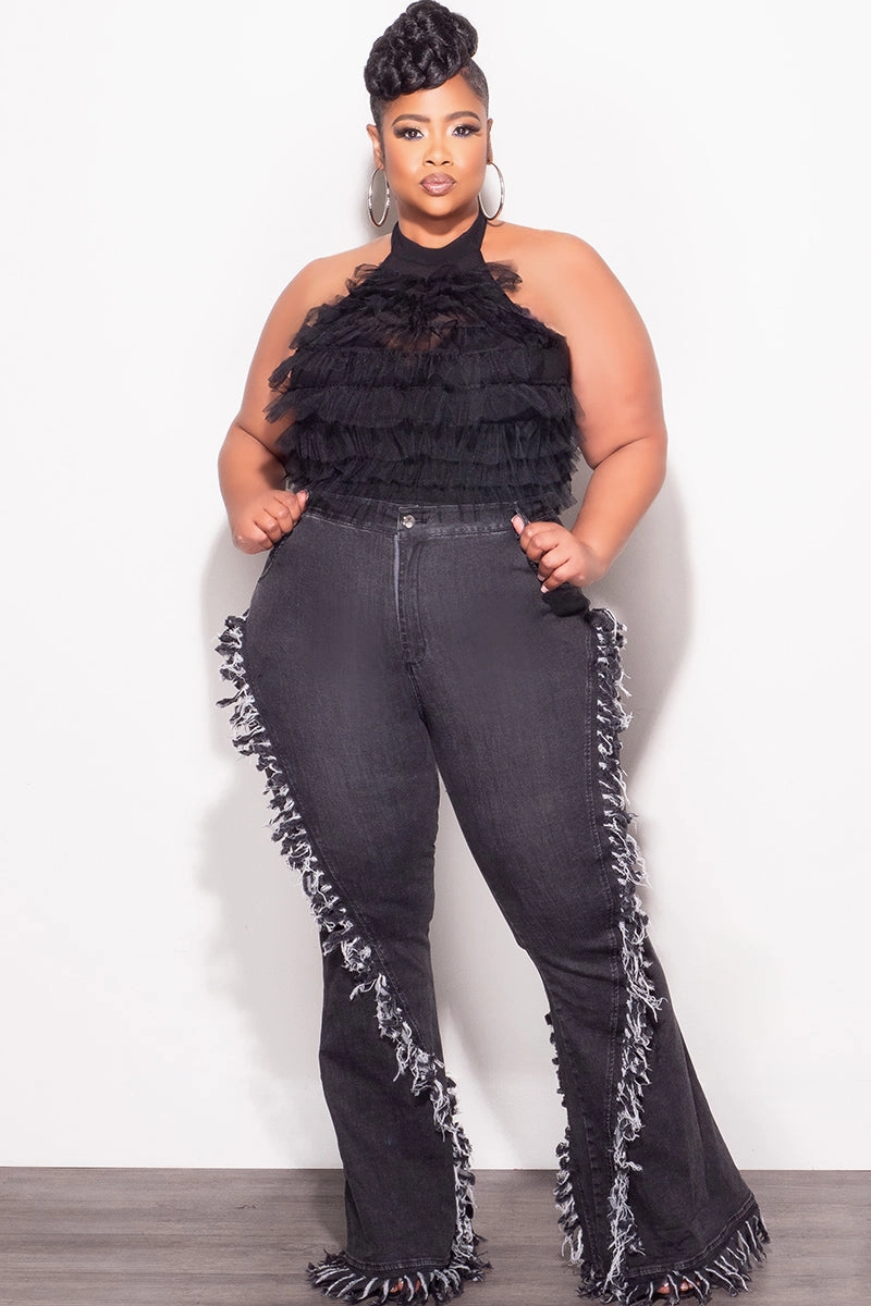 Final Sale Plus Size High Waist Fringe Trim Denim Jeans in Black Comfortable Wear Softened Hem