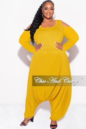 Final Sale Plus Size Cold Shoulder Harem Jumpsuit in Mustard Lightweight Design Layered Wear