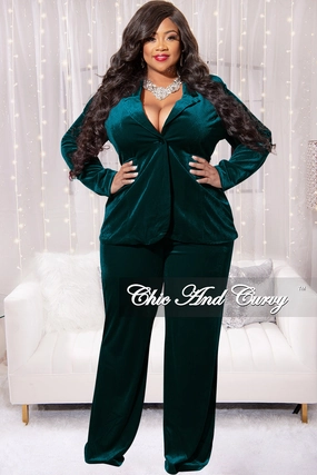 Final Sale Plus Size Velvet 2pc Pants Suit in Green Full Coverage Fit