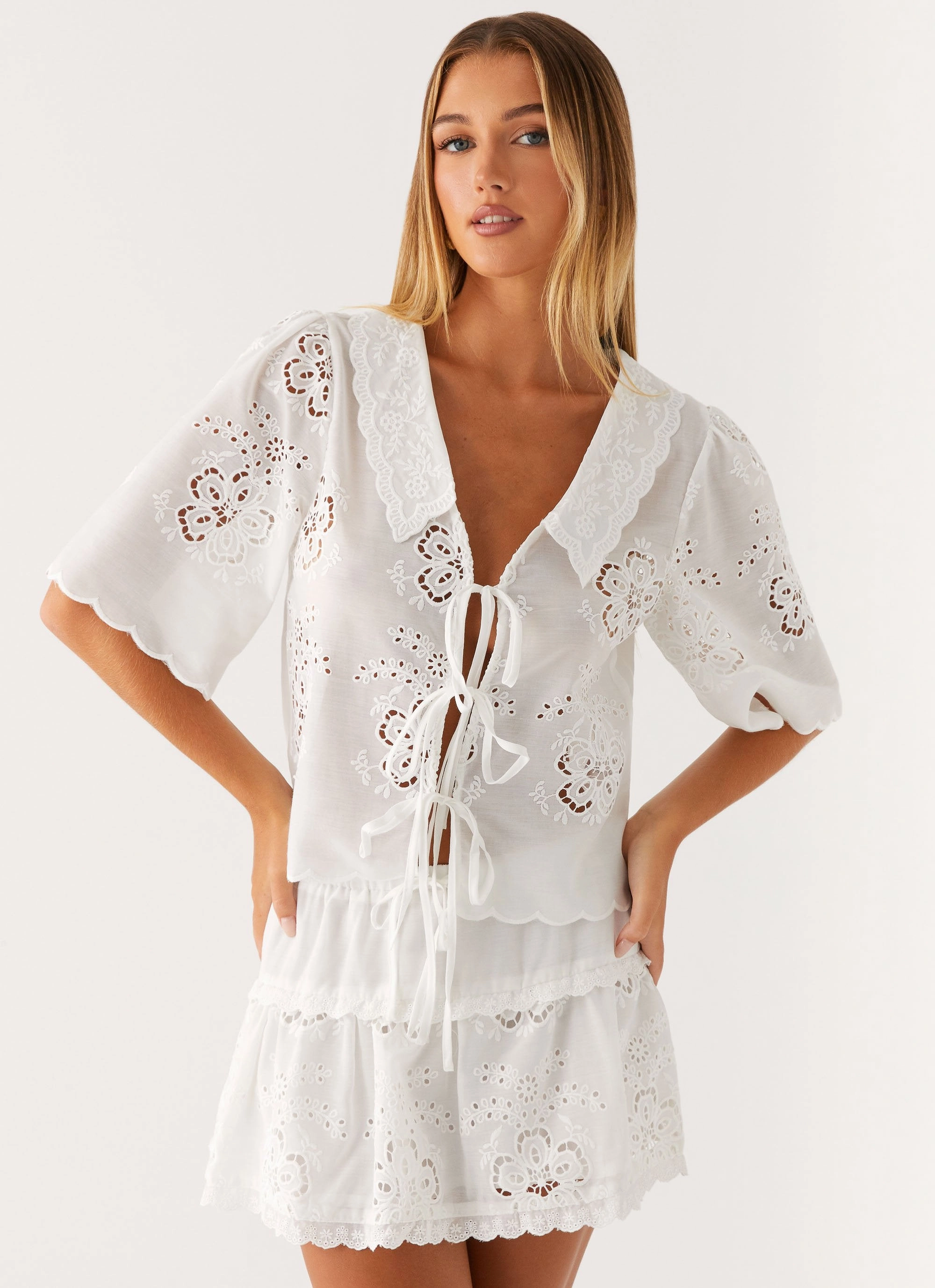 Summer Escape Embroidered Top - White FlexibleNeckline