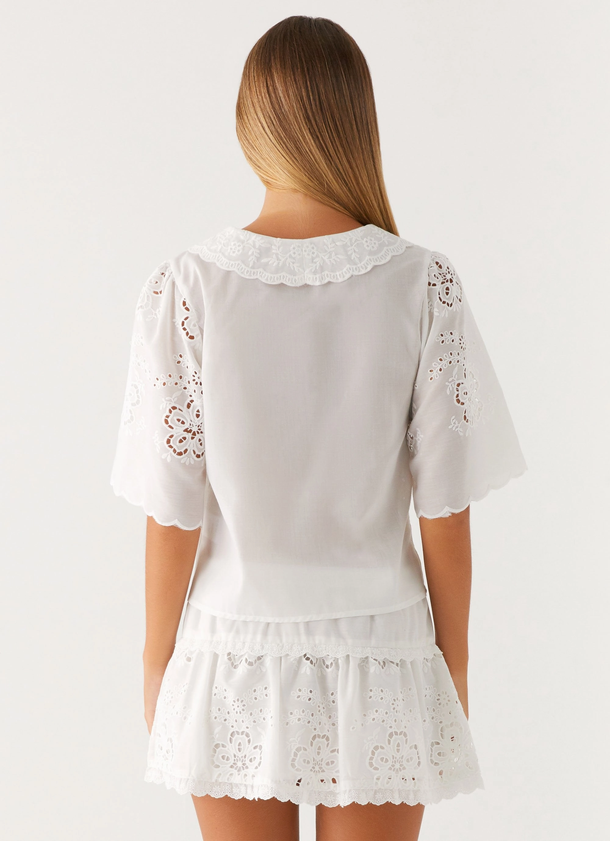 EasyClean DropShoulderConstruction Summer Escape Embroidered Top - White