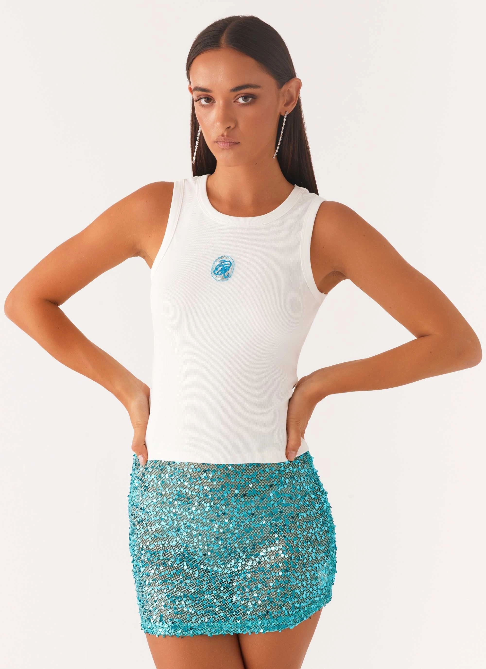 Signature Beaded Logo Tank - White VNeck Style