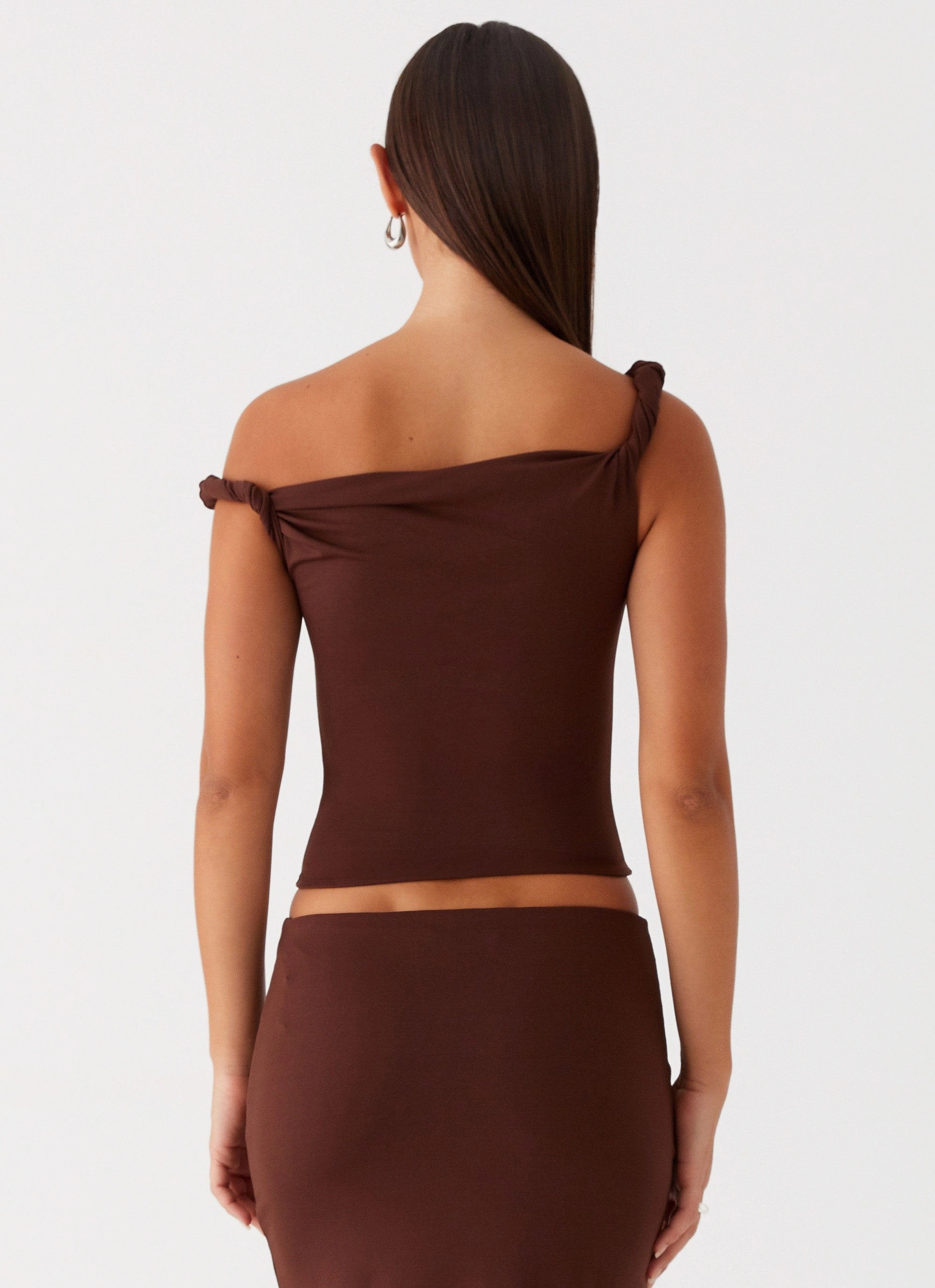 Solace Soul Twist Shoulder Top - Chocolate Elegant Blouse