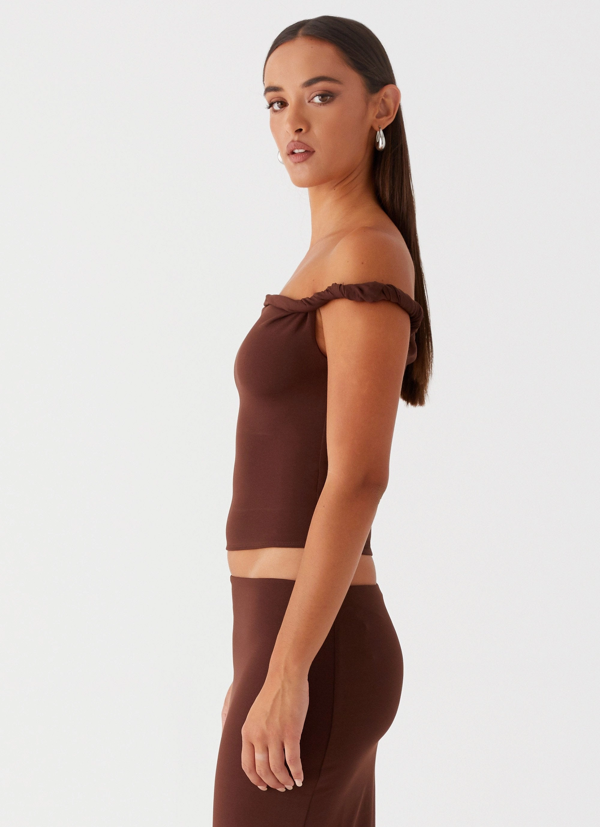 Solace Soul Twist Shoulder Top - Chocolate AdjustableNeckline Long Sleeve Shirt