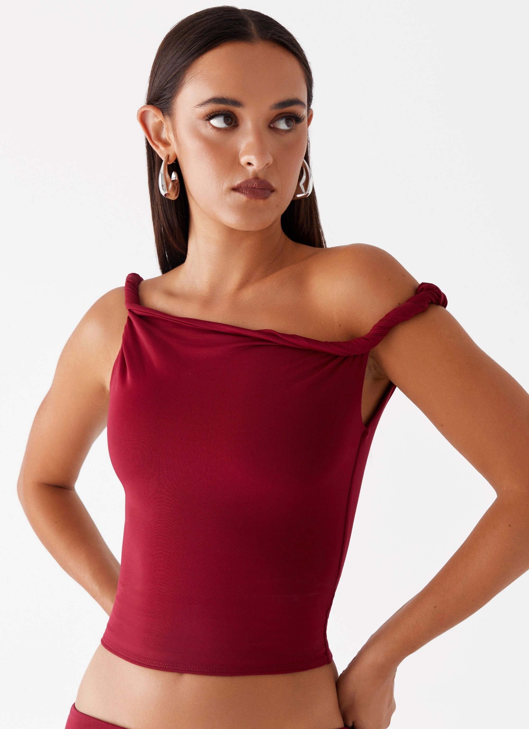 Solace Soul Twist Shoulder Top - Maroon BondedShoulderTaping MoistureWicking Fabric