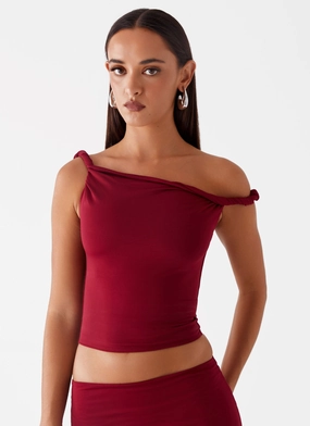 Solace Soul Twist Shoulder Top - Maroon MinimalistSilhouette MidweightJersey