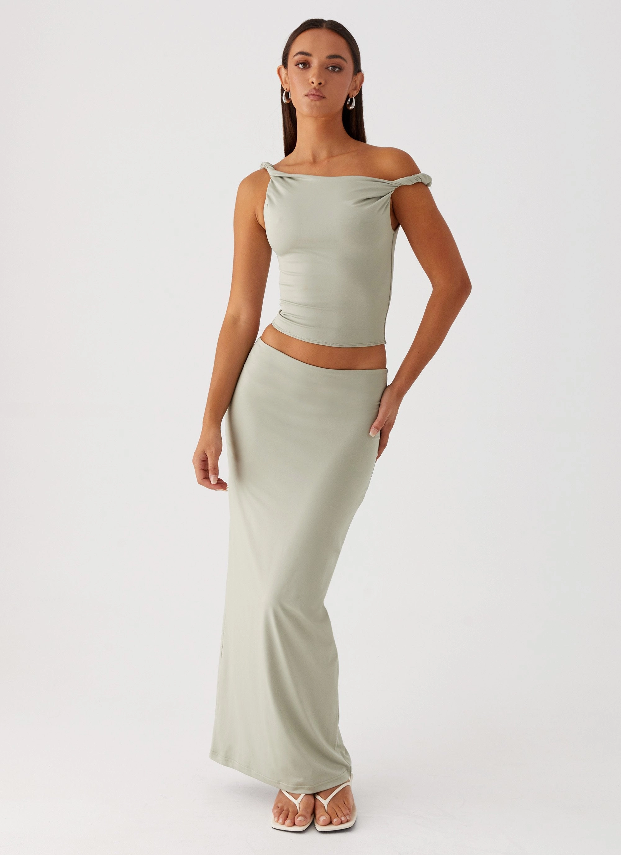 Solace Soul Twist Shoulder Top - Sage High Collar Design