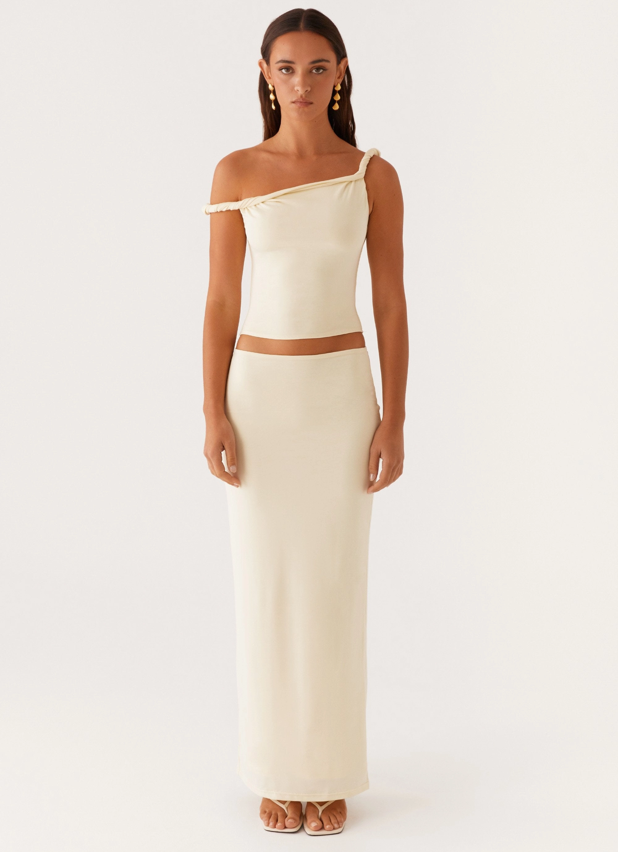 Solace Soul Twist Shoulder Top - Yellow Weighted Hem Trim FlexibleLayeredConstruction