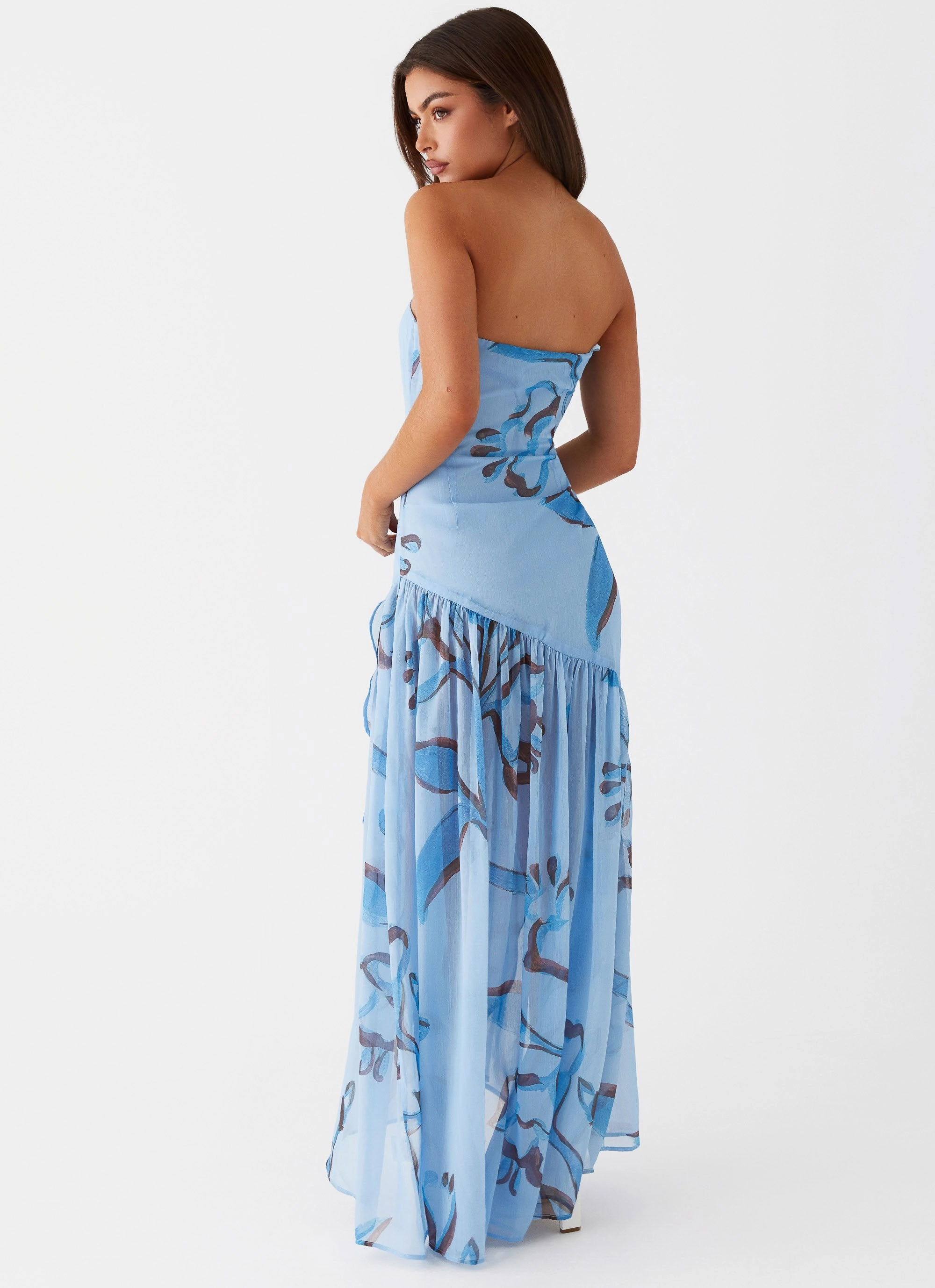 Flare Hem Solaris Strapless Maxi Dress - Blue Floral