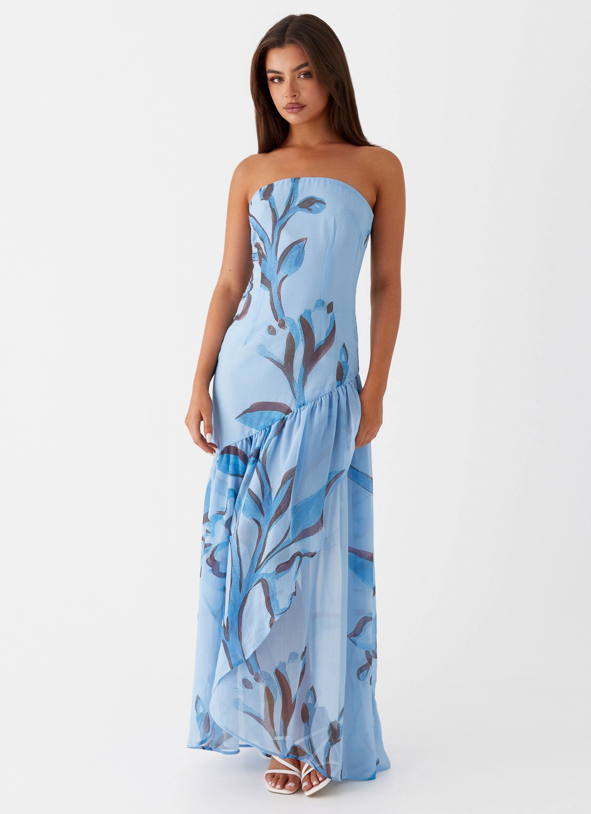 Airy Fabric Sheer Look Solaris Strapless Maxi Dress - Blue Floral