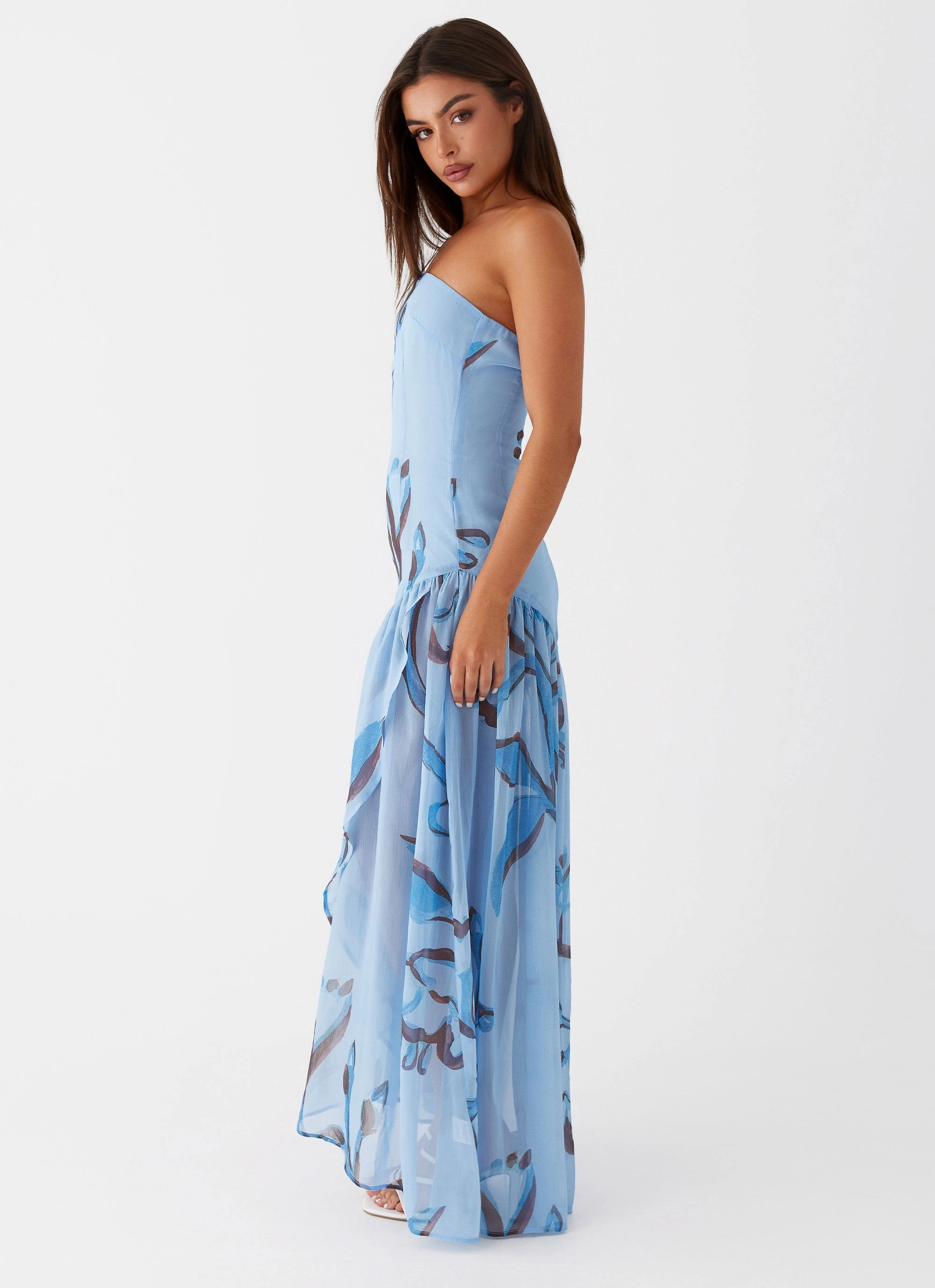 Solaris Strapless Maxi Dress - Blue Floral Quilted-Texture