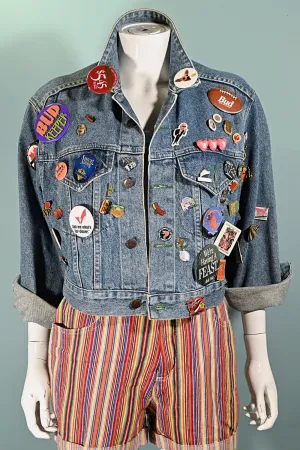 SOLD Vintage Cropped Bongo Denim Jacket, 90s Pins & Buttons, OOAK S