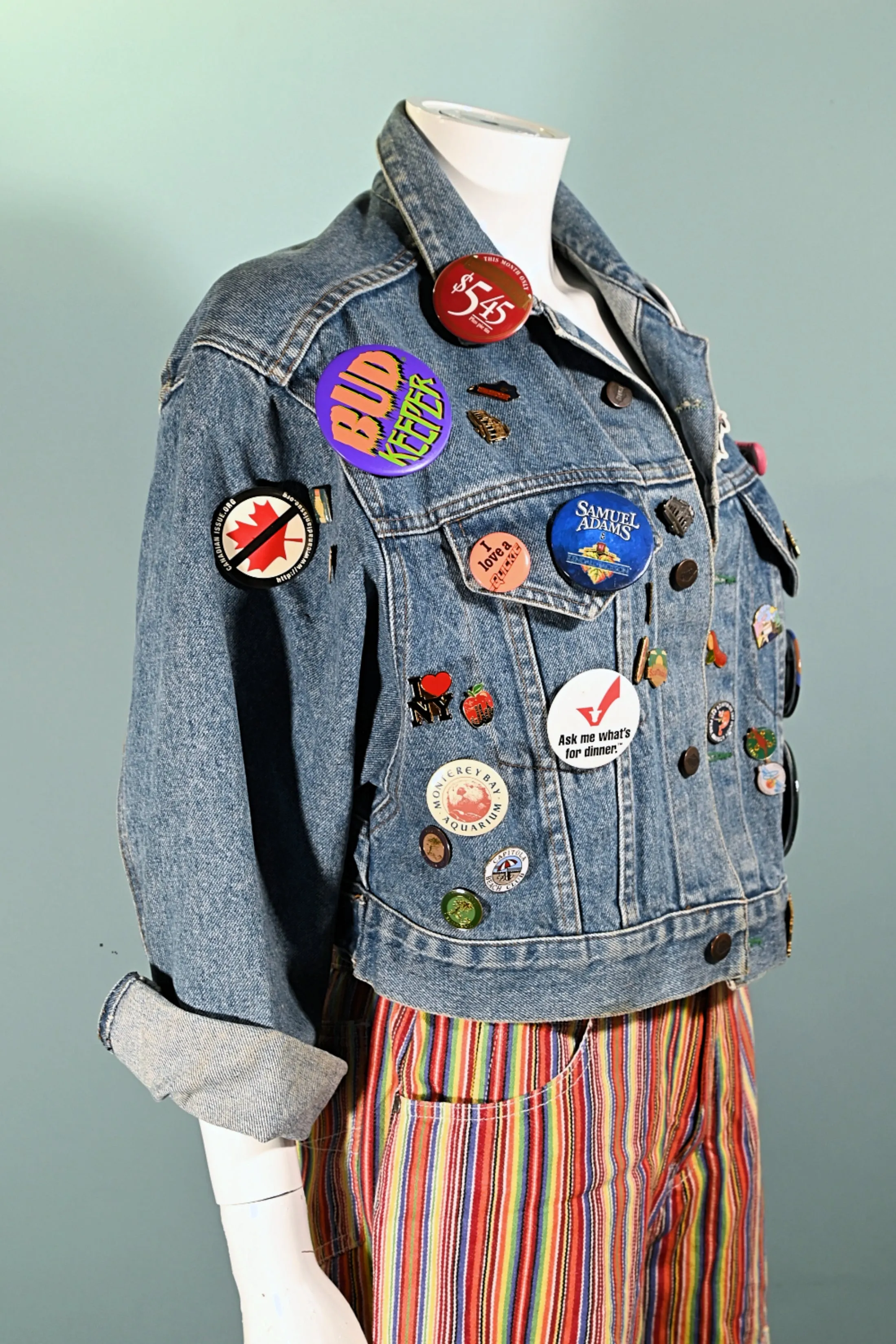 SOLD Vintage Cropped Bongo Denim Jacket, 90s Pins & Buttons, OOAK S