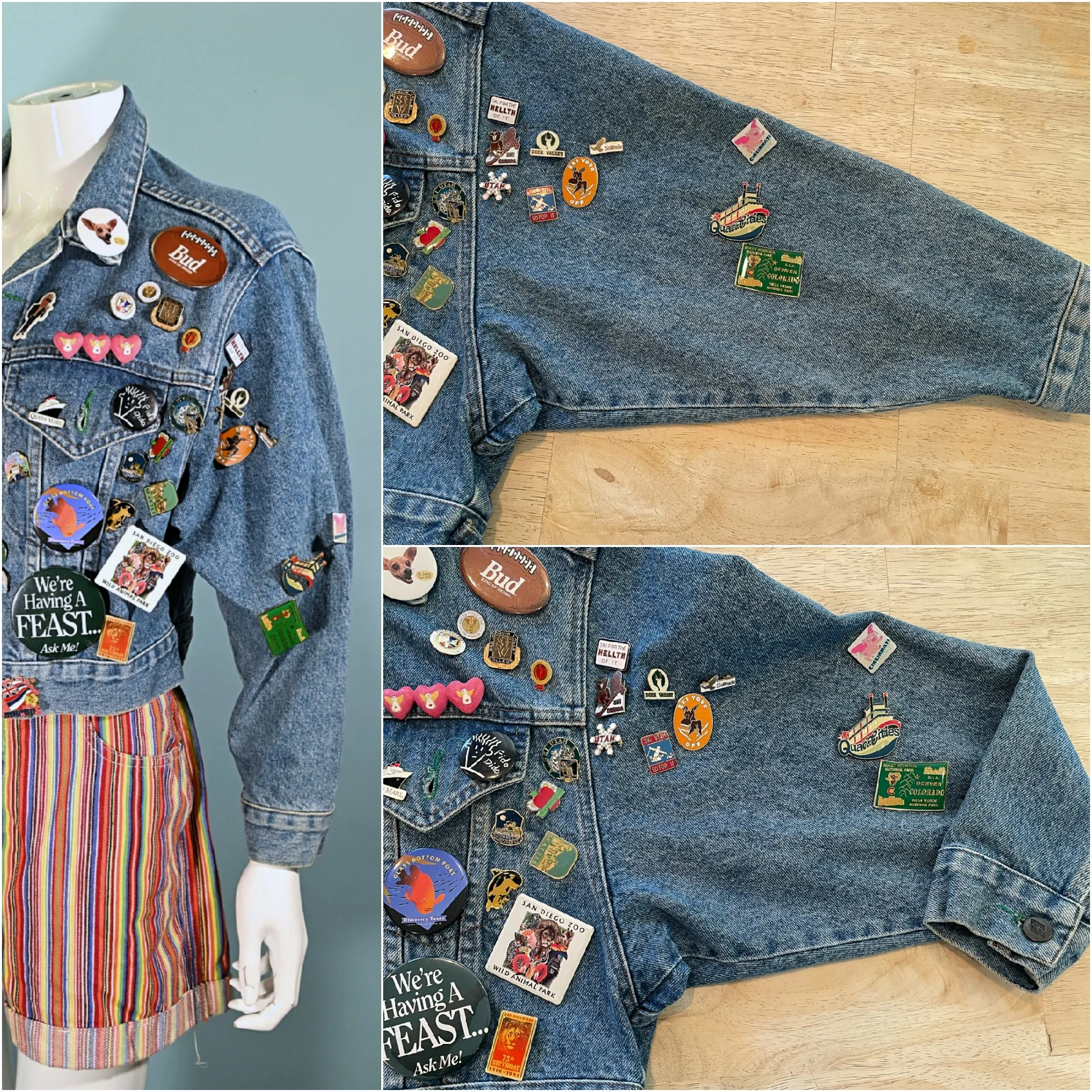 SOLD Vintage Cropped Bongo Denim Jacket, 90s Pins & Buttons, OOAK S