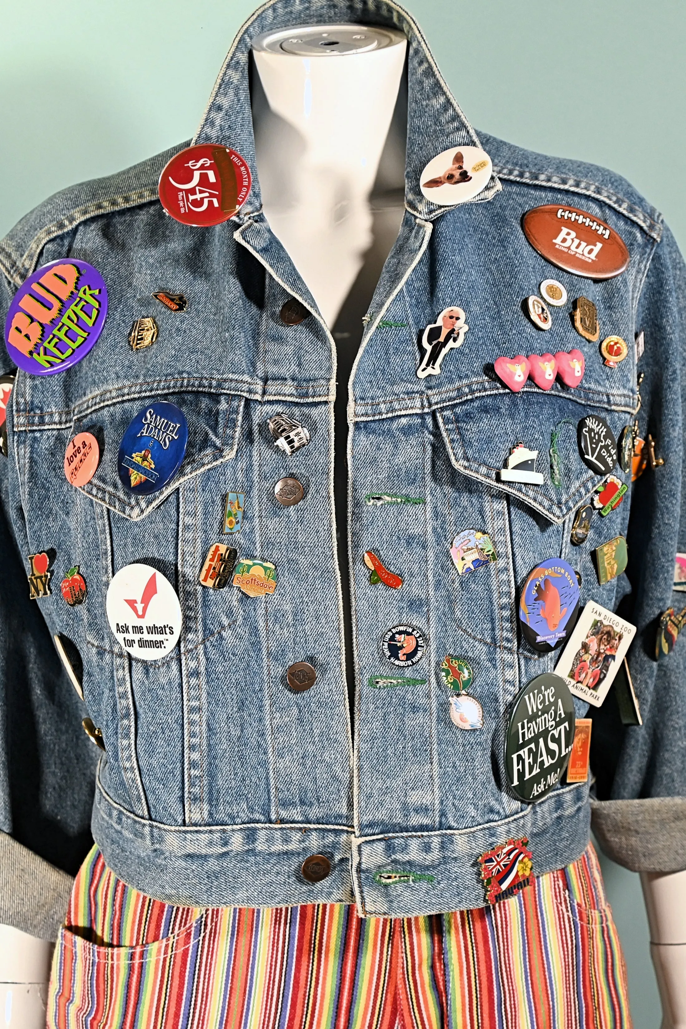 SOLD Vintage Cropped Bongo Denim Jacket, 90s Pins & Buttons, OOAK S