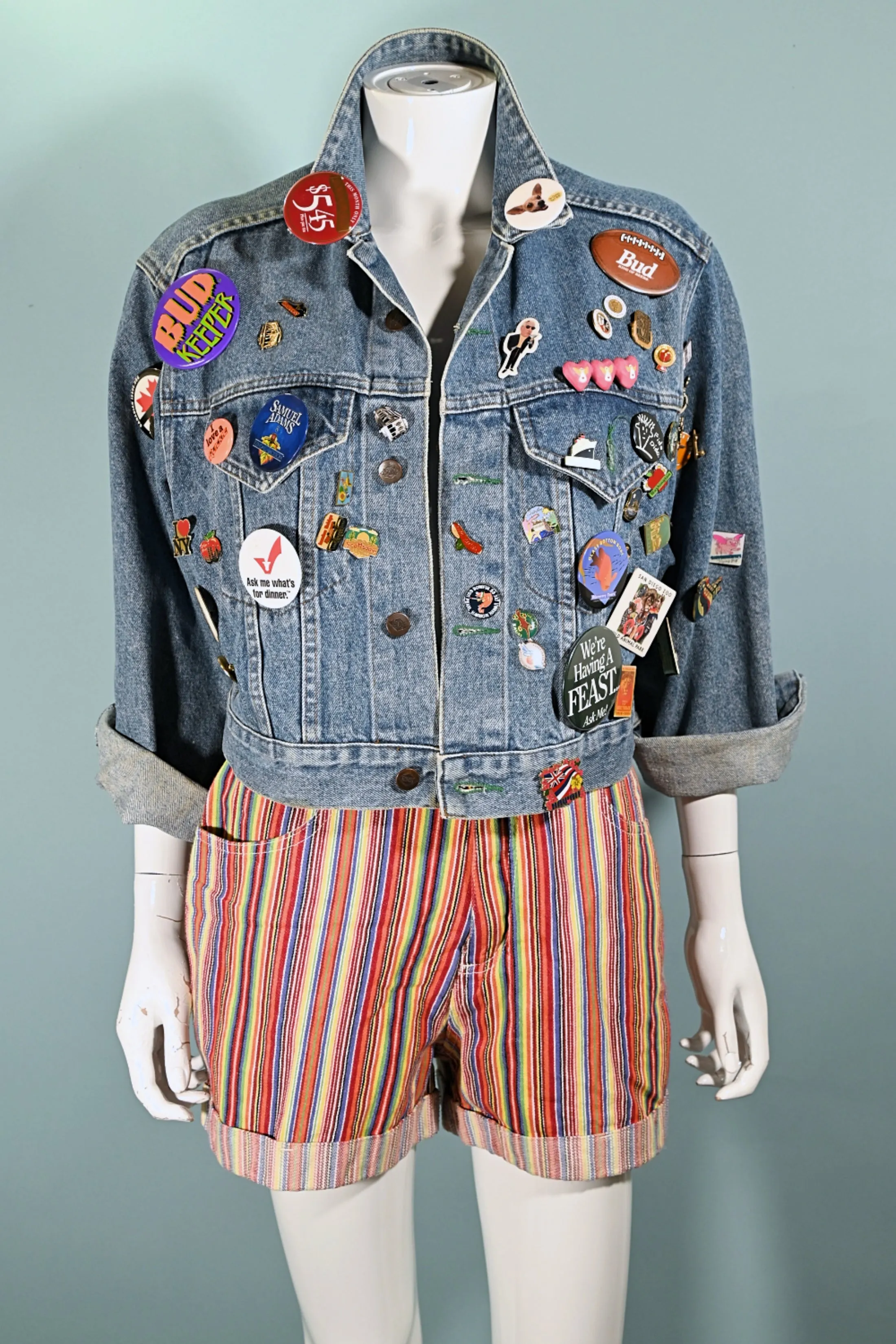 SOLD Vintage Cropped Bongo Denim Jacket, 90s Pins & Buttons, OOAK S
