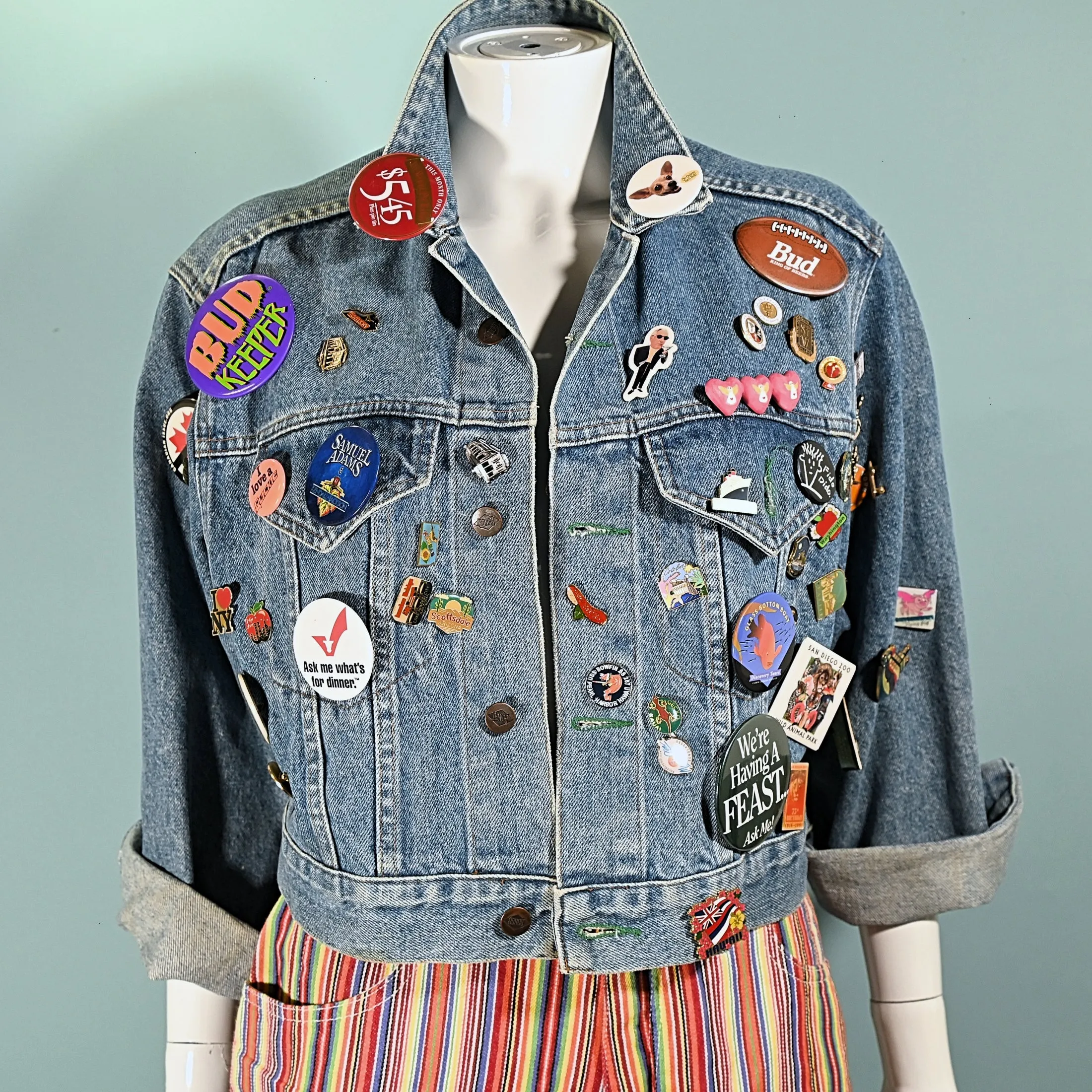 SOLD Vintage Cropped Bongo Denim Jacket, 90s Pins & Buttons, OOAK S