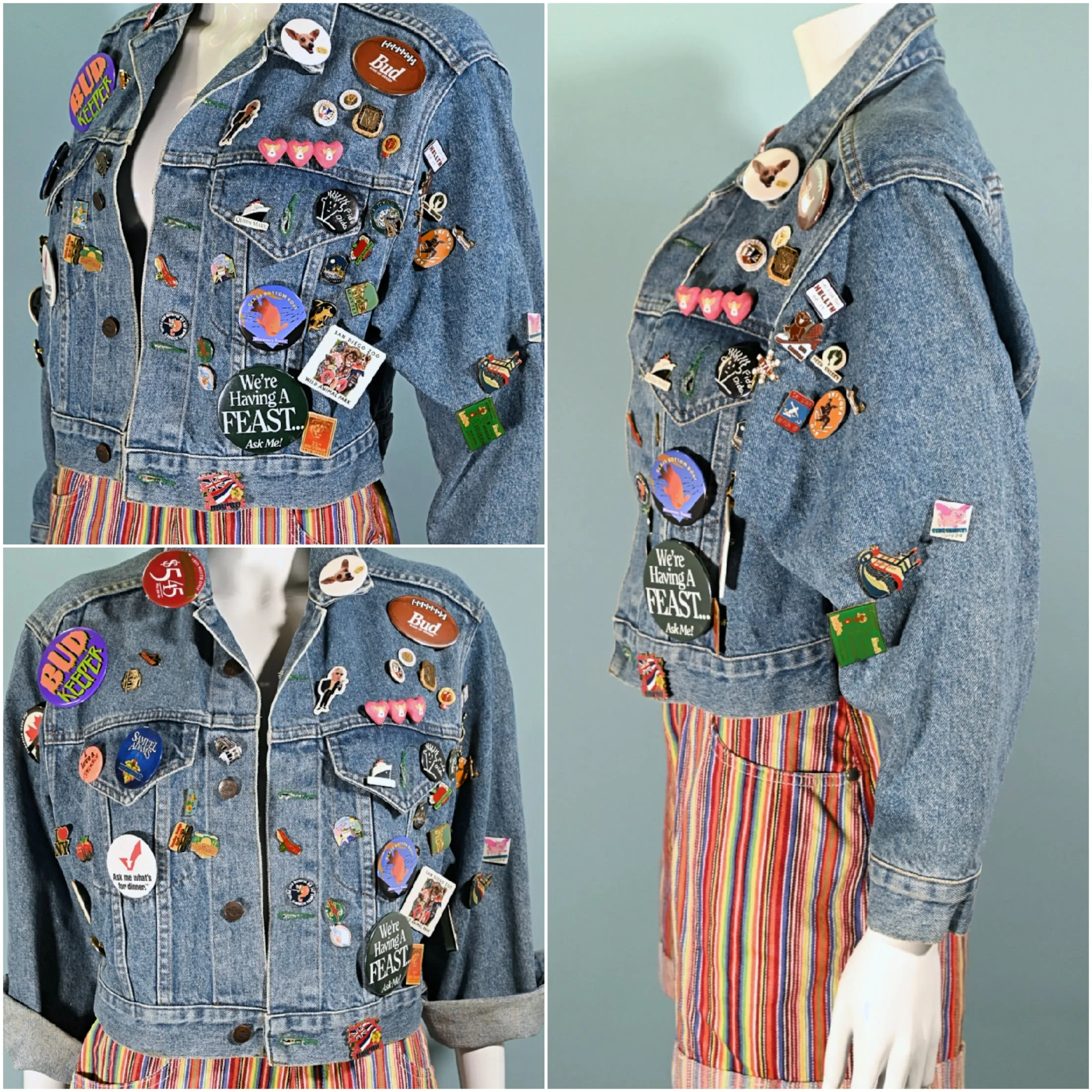 SOLD Vintage Cropped Bongo Denim Jacket, 90s Pins & Buttons, OOAK S